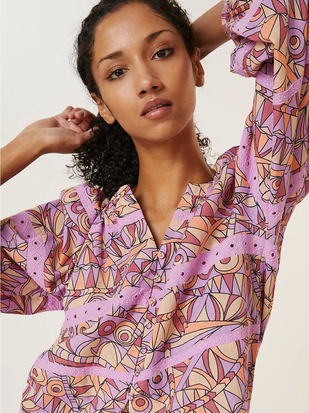 Anthropologie Let Me Be Lace Blouse Womens S Purple Orange Geometric - Picture 2 of 12